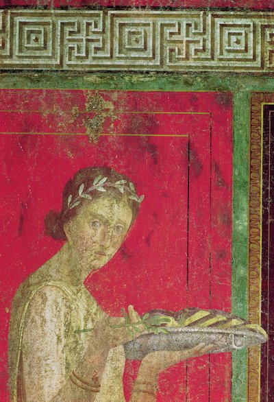 Detail van de ingewijde, uit de Catechismescène, Noordmuur, Oecus 5, 60-50 v.Chr. (fresco) door Roman